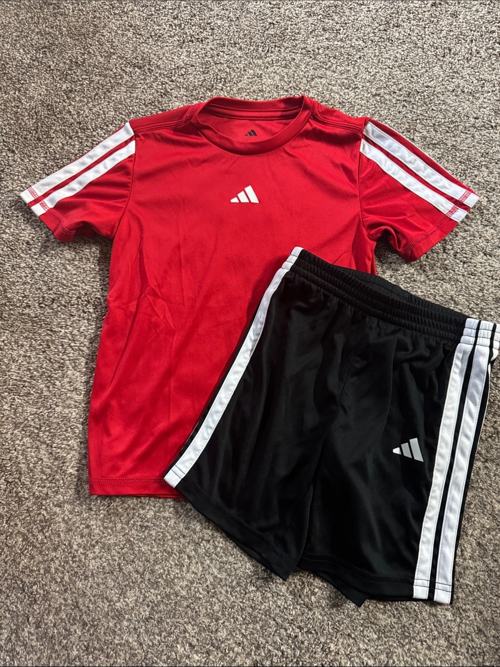 adidas Red Tee with Black Athletic Shorts - White Stripe Accents Boys 5